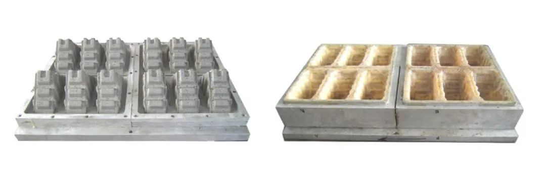 従来の機械加⼯で作られた型（左）と成形 されたパルプモールド製品（右） 画像提供：ERI Packaging